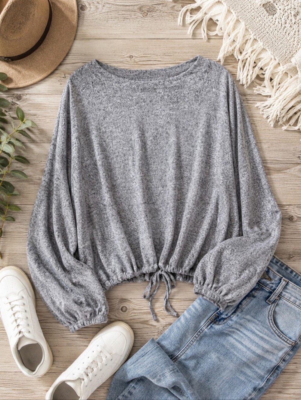 Aerie Gray Marled Knit Cinch Hem Balloon Sleeve Sweater Size M